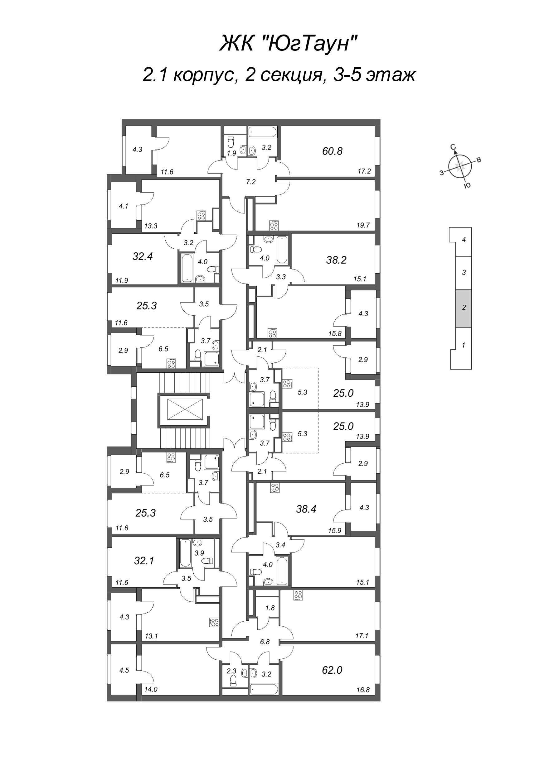 1-комнатная квартира, 32.4 м² в ЖК "ЮгТаун" - планировка этажа