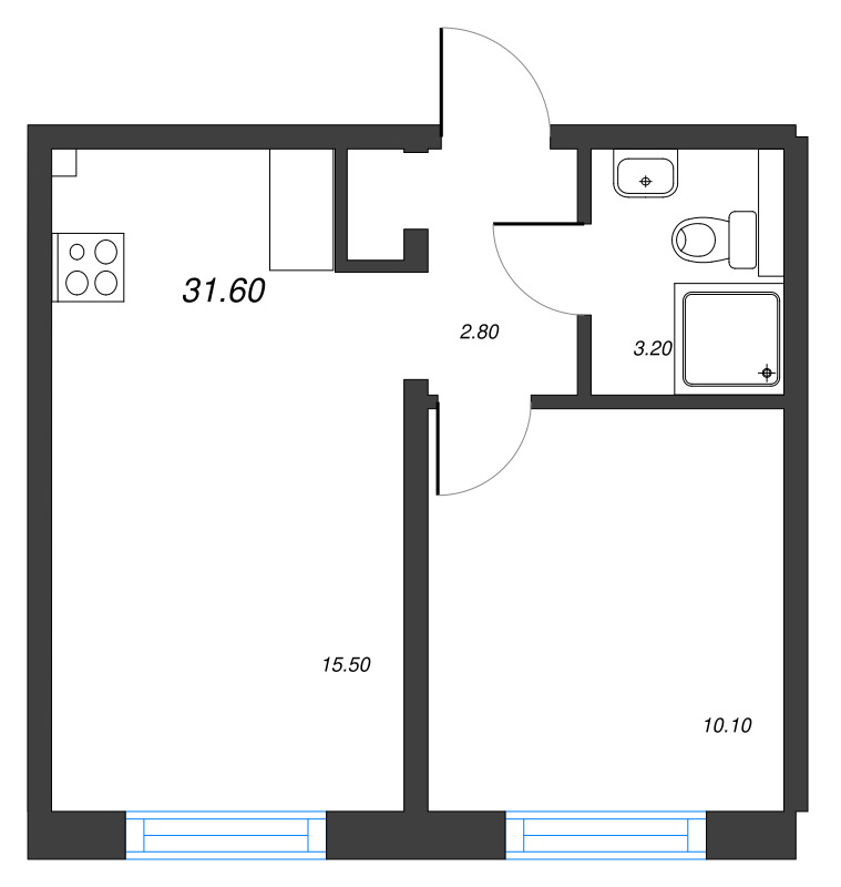 2-комнатная (Евро) квартира, 31.6 м² - планировка, фото №1