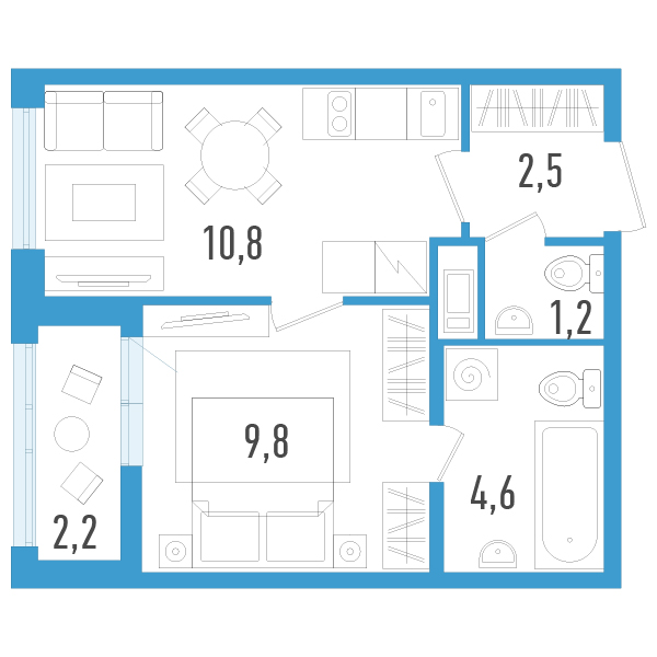 1-комнатная квартира, 30 м² в ЖК "AEROCITY" - планировка, фото №1