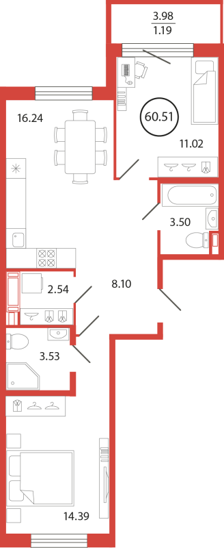 3-комнатная (Евро) квартира, 60.51 м² в ЖК "Энфилд" - планировка, фото №1