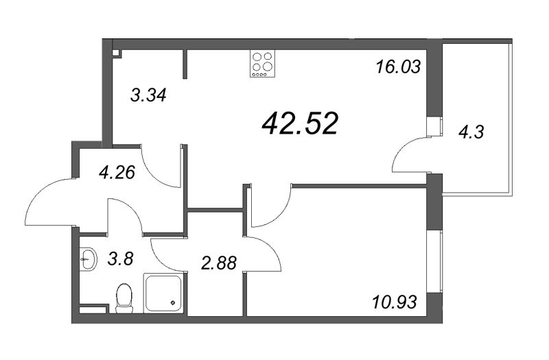 1-комнатная квартира, 43.4 м² - планировка, фото №1