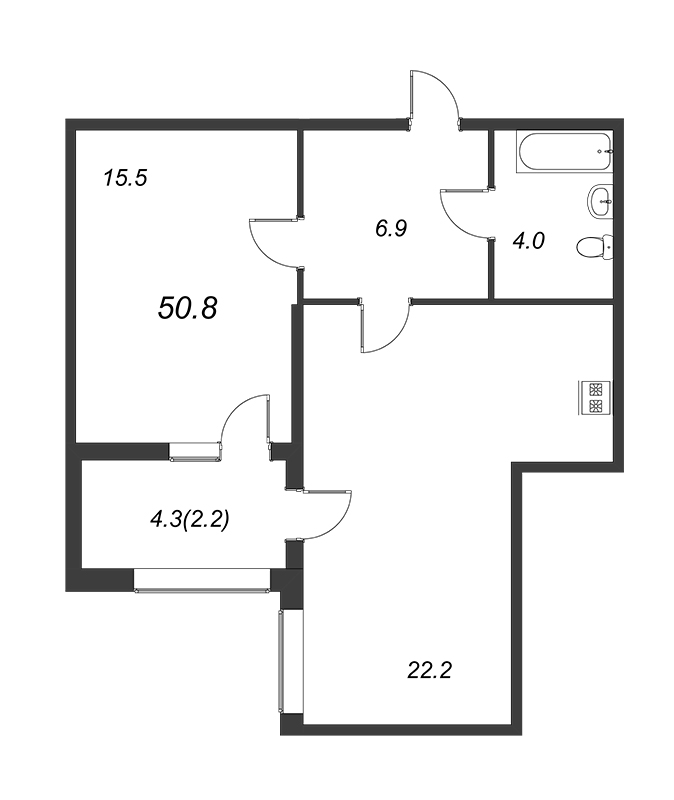 1-комнатная квартира, 50.8 м² - планировка, фото №1