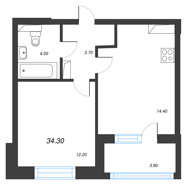 1-комнатная квартира, 34.3 м² в ЖК "М36" - планировка, фото №1
