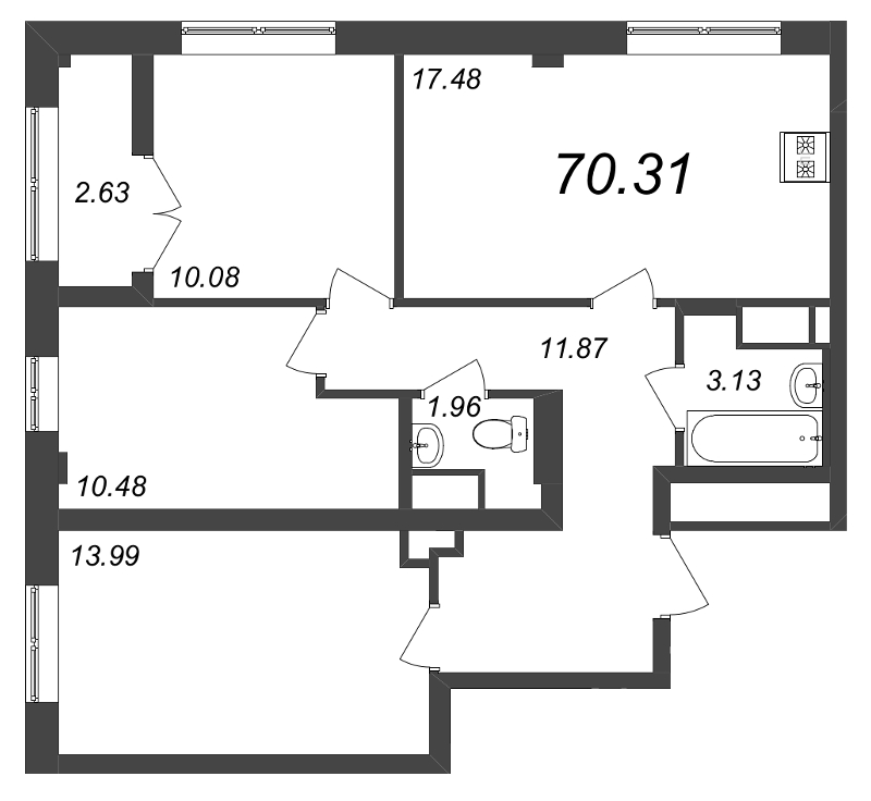 4-комнатная (Евро) квартира, 70.31 м² - планировка, фото №1