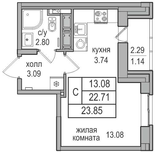 Квартира-студия, 23.8 м² в ЖК "Северная Долина" - планировка, фото №1