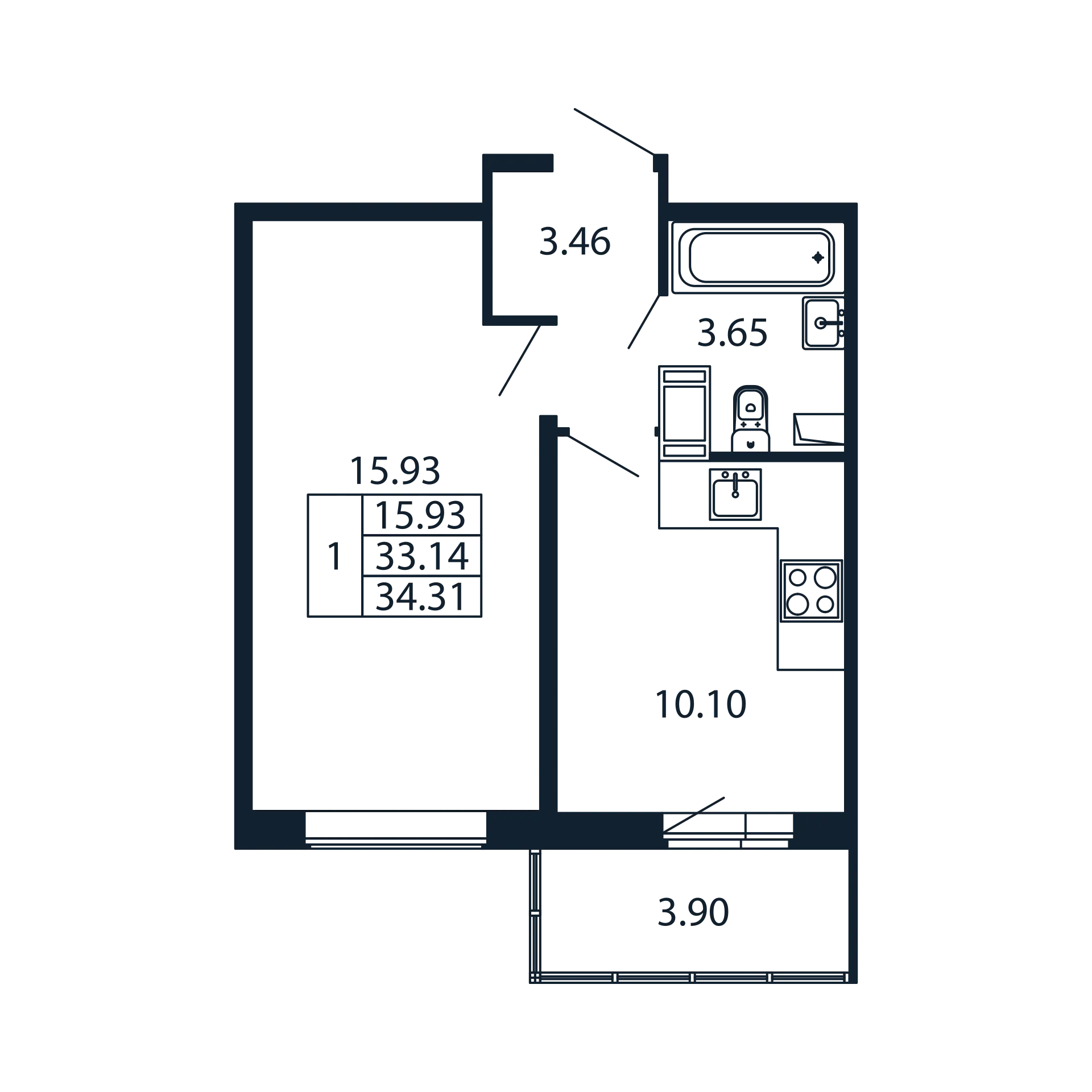 1-комнатная квартира, 33.14 м² в ЖК "Полис ЛАВрики" - планировка, фото №1