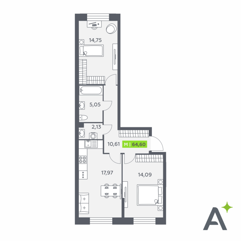 3-комнатная (Евро) квартира, 64.6 м² в ЖК "Аквилон Верба" - планировка, фото №1