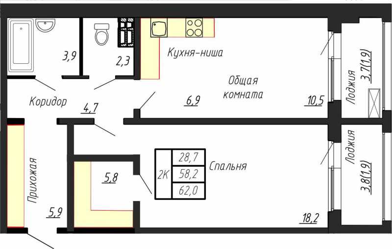 2-комнатная (Евро) квартира, 62 м² в ЖК "Сибирь" - планировка, фото №1