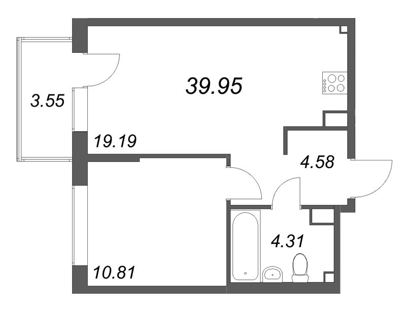 2-комнатная (Евро) квартира, 39.95 м² в ЖК "Охтинские высоты" - планировка, фото №1