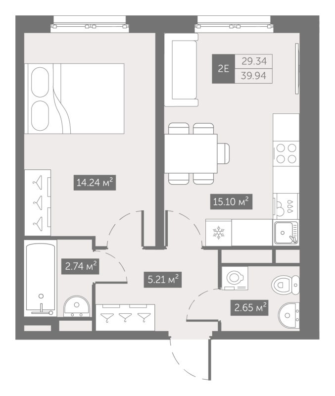 2-комнатная (Евро) квартира, 39.94 м² - планировка, фото №1