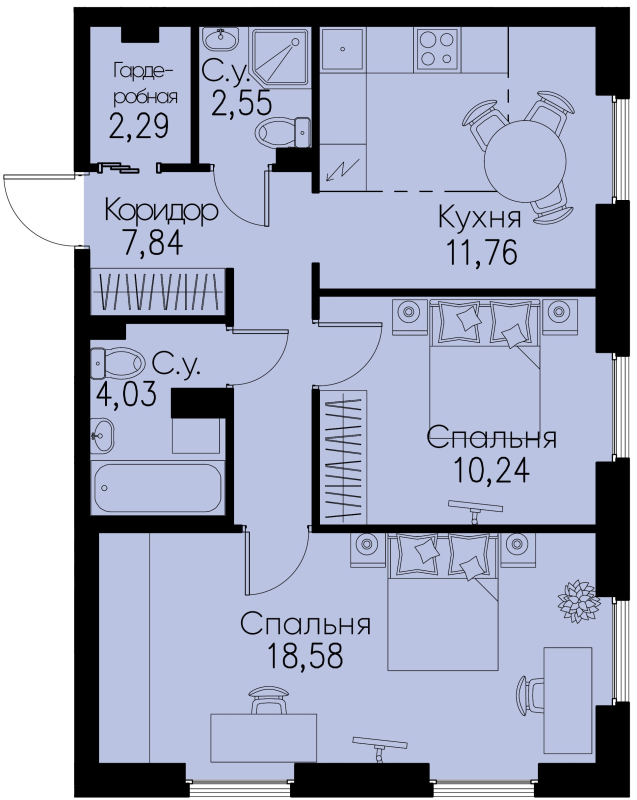 2-комнатная квартира, 57.29 м² - планировка, фото №1