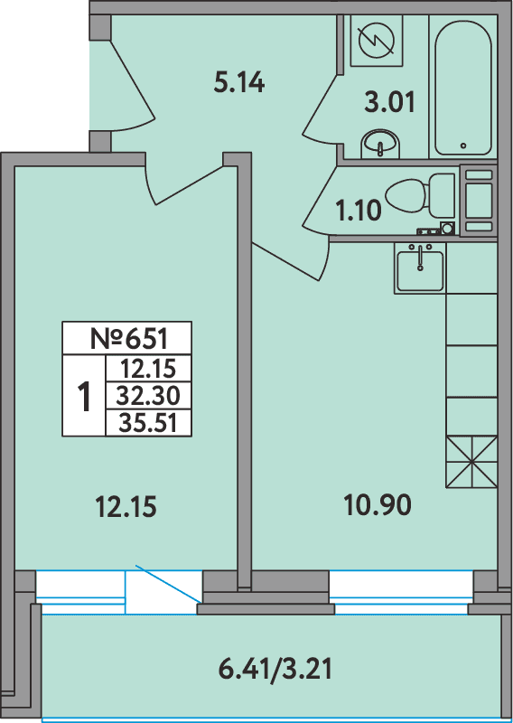 1-комнатная квартира, 35.51 м² - планировка, фото №1