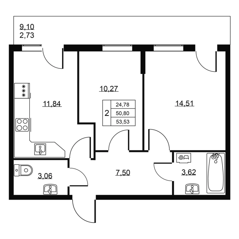 2-комнатная квартира, 53.53 м² в ЖК "Пулковское, 34" - планировка, фото №1
