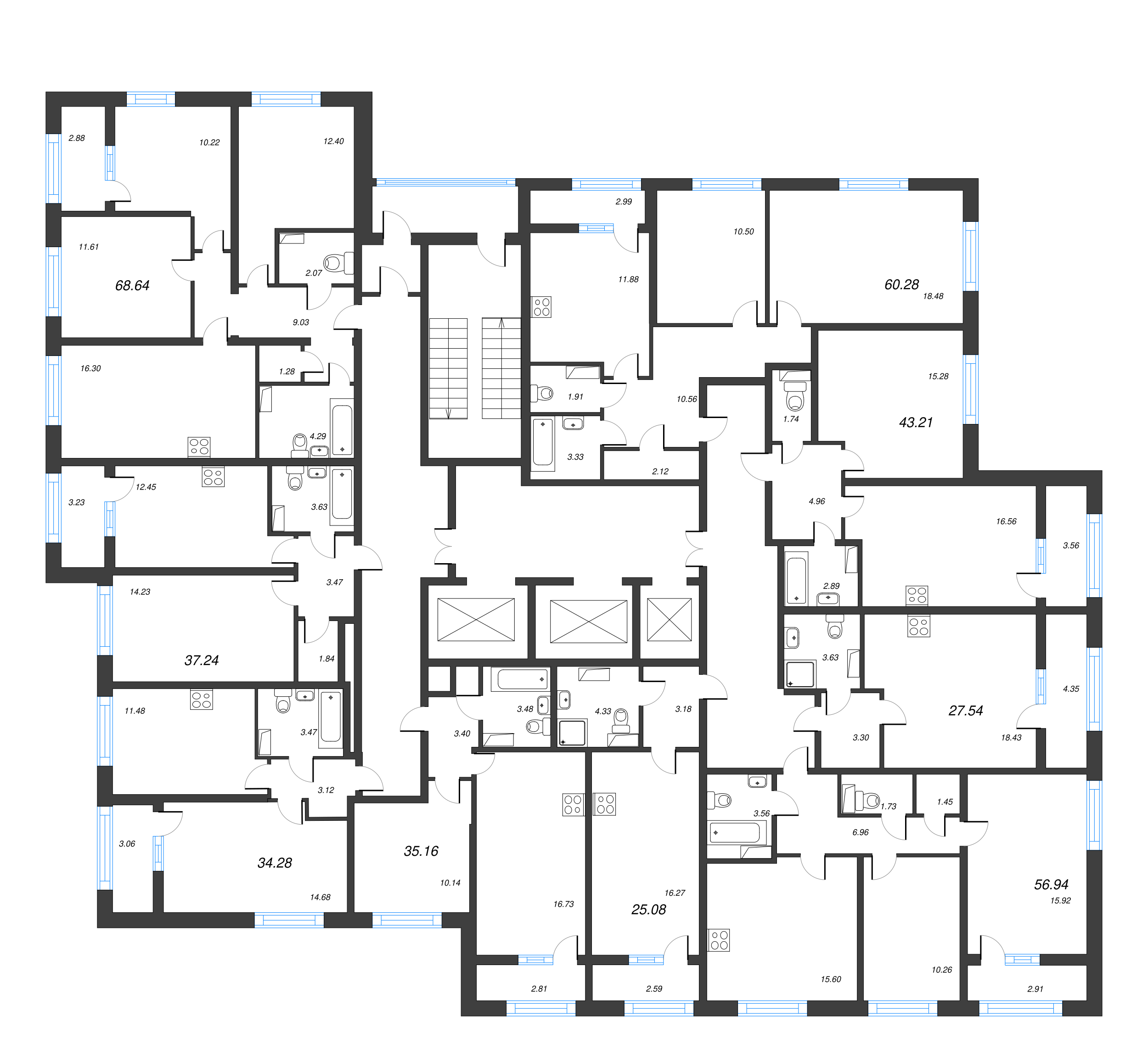 2-комнатная (Евро) квартира, 43.21 м² - планировка этажа
