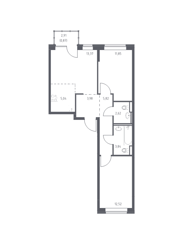 3-комнатная (Евро) квартира, 59.91 м² - планировка, фото №1