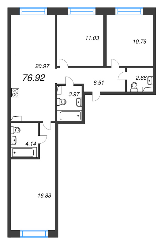 4-комнатная (Евро) квартира, 76.92 м² в ЖК "Остров Первых" - планировка, фото №1