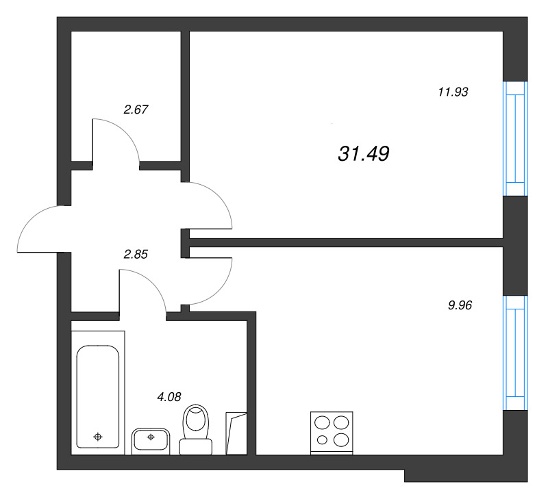 1-комнатная квартира, 31.49 м² в ЖК "Кинопарк" - планировка, фото №1