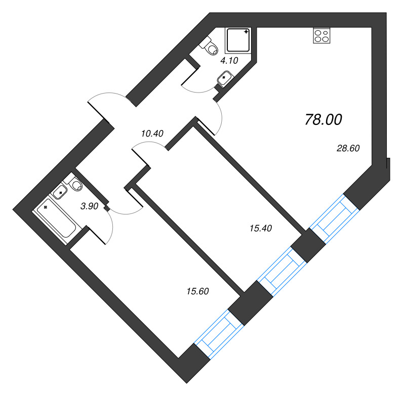 2-комнатная квартира, 78 м² в ЖК "Листва" - планировка, фото №1