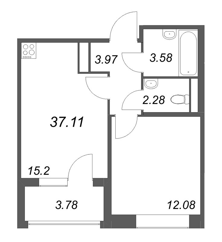 2-комнатная (Евро) квартира, 37.11 м² в ЖК "Дом на Курской" - планировка, фото №1