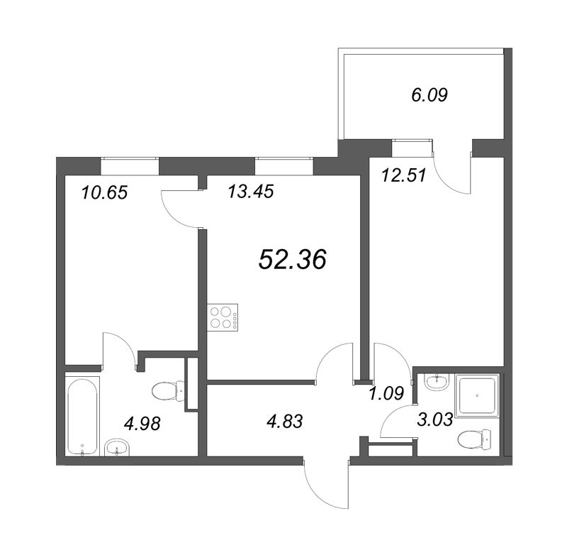 2-комнатная квартира, 50.54 м² - планировка, фото №1