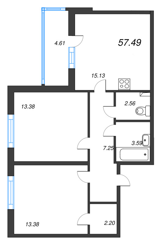 3-комнатная (Евро) квартира, 57.49 м² в ЖК "Любоград" - планировка, фото №1