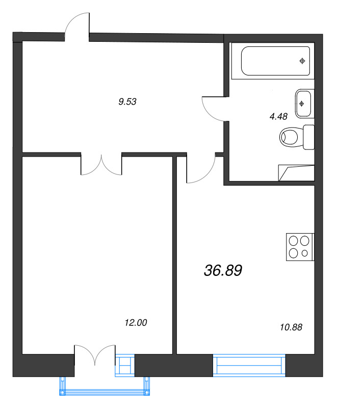 2-комнатная (Евро) квартира, 36.89 м² - планировка, фото №1