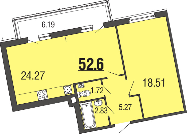 2-комнатная (Евро) квартира, 52.9 м² в ЖК "EcoCity" - планировка, фото №1