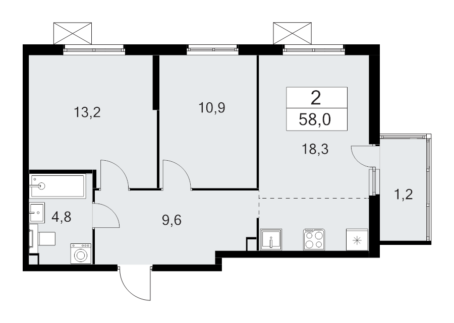 3-комнатная (Евро) квартира, 58 м² в ЖК "А101 Лаголово" - планировка, фото №1