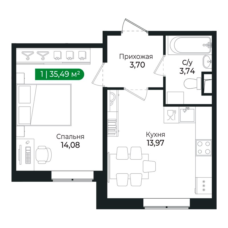 1-комнатная квартира, 35.2 м² в ЖК "Сертолово Парк" - планировка, фото №1