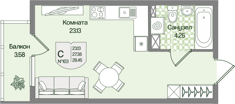 Квартира-студия, 28.45 м² в ЖК "Охтинские высоты" - планировка, фото №1