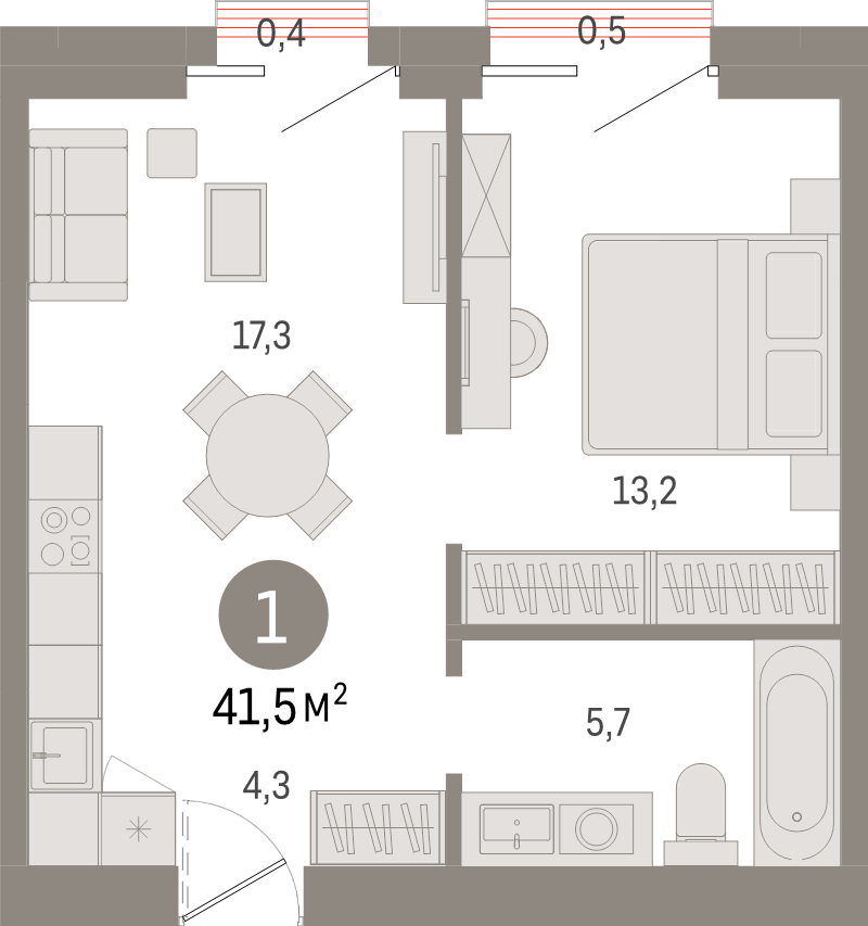 2-комнатная (Евро) квартира, 41.5 м² в ЖК "Северный ветер" - планировка, фото №1