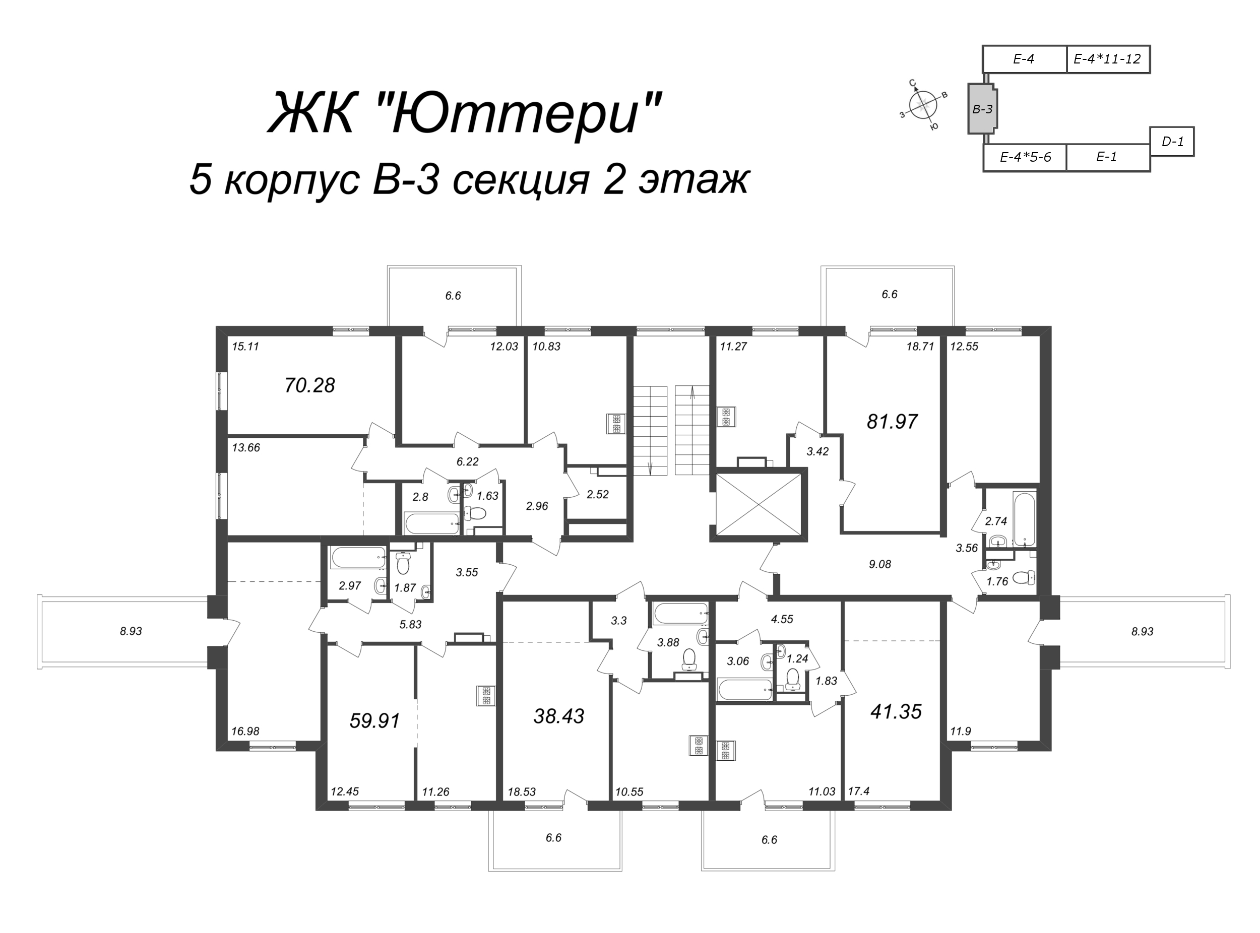 2-комнатная квартира, 64.37 м² в ЖК "Юттери" - планировка этажа