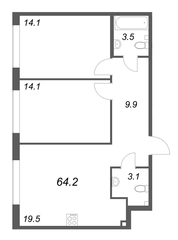 3-комнатная (Евро) квартира, 64.2 м² в ЖК "Кронунг ЮГ" - планировка, фото №1