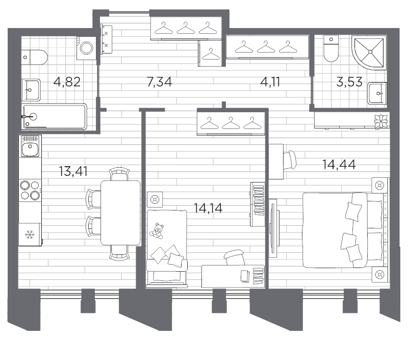 2-комнатная квартира, 61.79 м² в ЖК "Галерная гавань" - планировка, фото №1