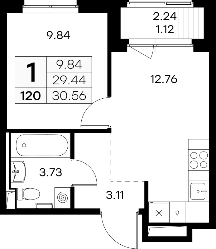 1-комнатная квартира, 30.56 м² в ЖК "GloraX Новоселье" - планировка, фото №1