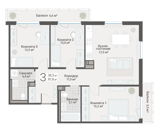 4-комнатная (Евро) квартира, 81.8 м² в ЖК "Руднева 15" - планировка, фото №1