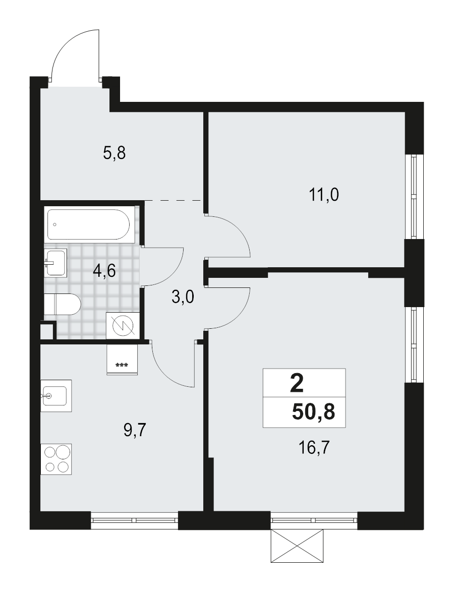 2-комнатная квартира, 50.8 м² - планировка, фото №1