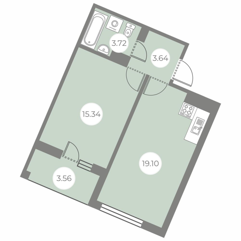 2-комнатная (Евро) квартира, 43.58 м² - планировка, фото №1