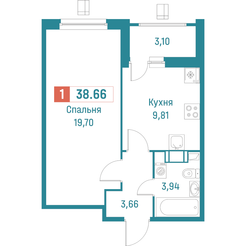 1-комнатная квартира, 38.66 м² в ЖК "Графика" - планировка, фото №1