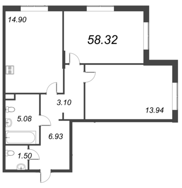3-комнатная (Евро) квартира, 58.32 м² в ЖК "VEREN NORT сертолово" - планировка, фото №1