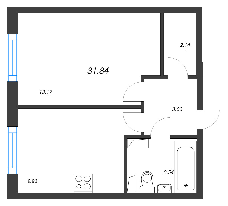 1-комнатная квартира, 31.84 м² - планировка, фото №1