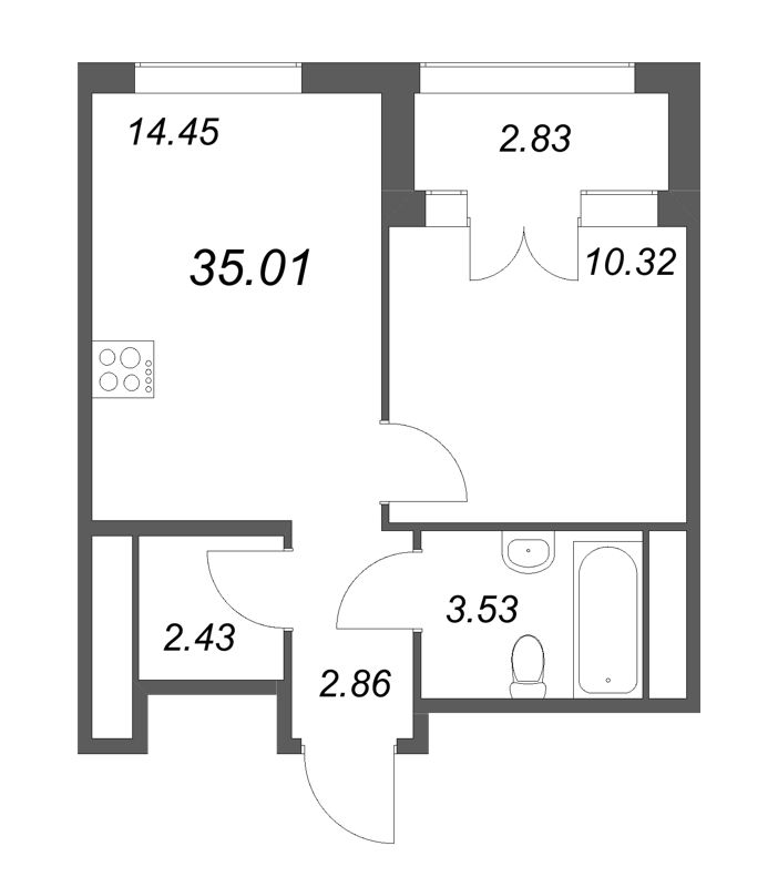 1-комнатная квартира, 35.01 м² - планировка, фото №1