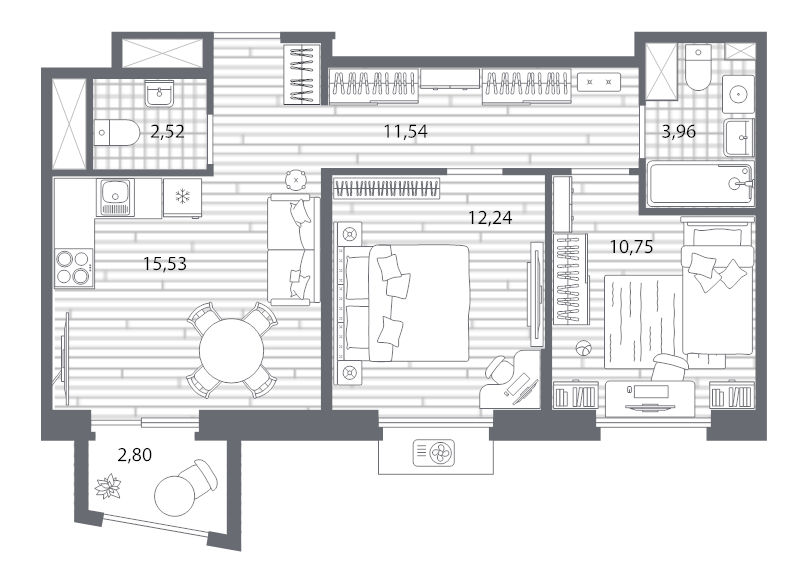 3-комнатная (Евро) квартира, 57.38 м² - планировка, фото №1