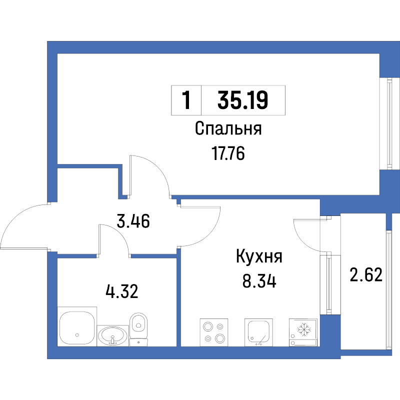1-комнатная квартира, 35.19 м² - планировка, фото №1