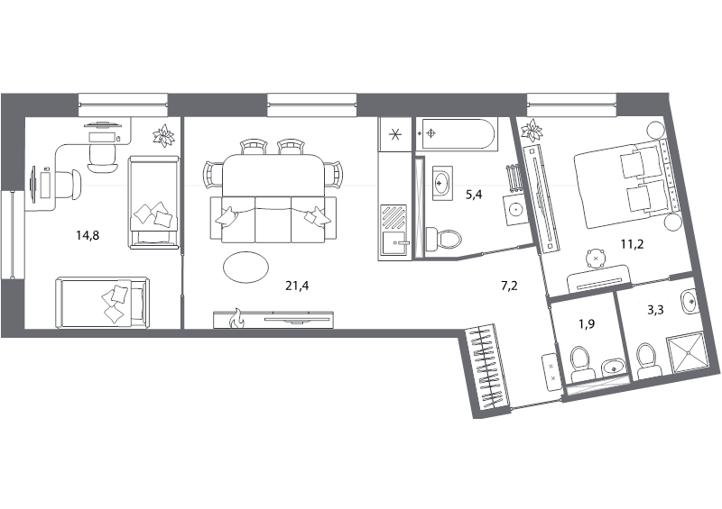 3-комнатная (Евро) квартира, 65.3 м² - планировка, фото №1