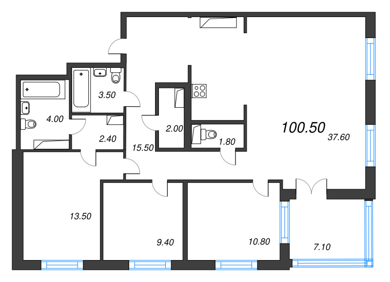 4-комнатная (Евро) квартира, 100.5 м² в ЖК "Струны" - планировка, фото №1