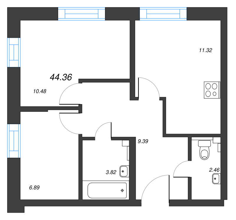 2-комнатная квартира, 44.36 м² в ЖК "БелАрт" - планировка, фото №1
