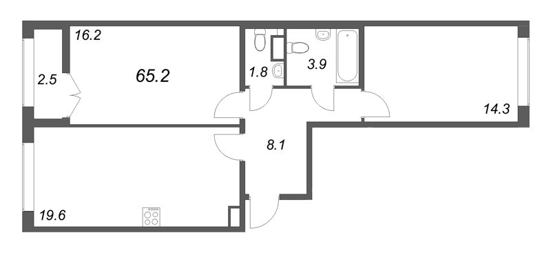 3-комнатная (Евро) квартира, 65.2 м² в ЖК "Кронунг ЮГ" - планировка, фото №1