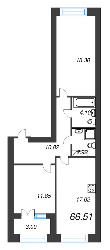 2-комнатная квартира, 66.51 м² - планировка, фото №1