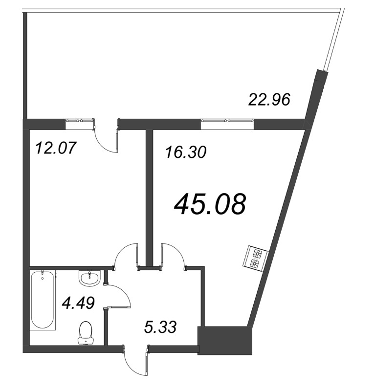 2-комнатная (Евро) квартира, 45.08 м² - планировка, фото №1
